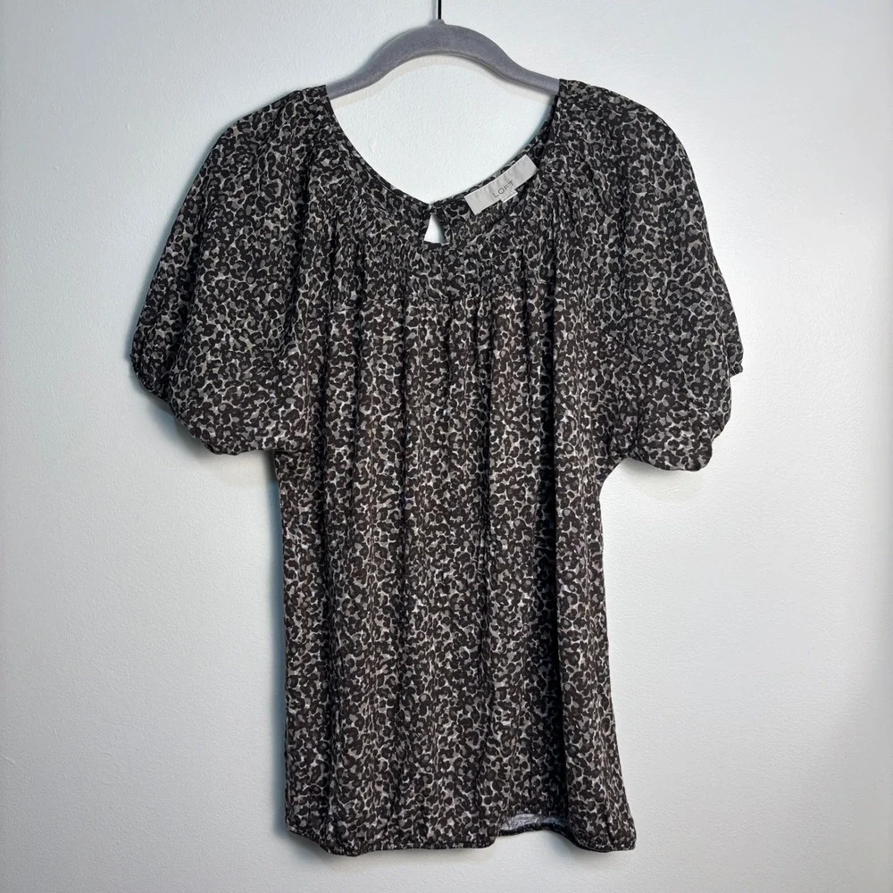 LOFT Leopard Print Blouse Small Puff Sleeve Rayon Blend Animal Print Peasant Top